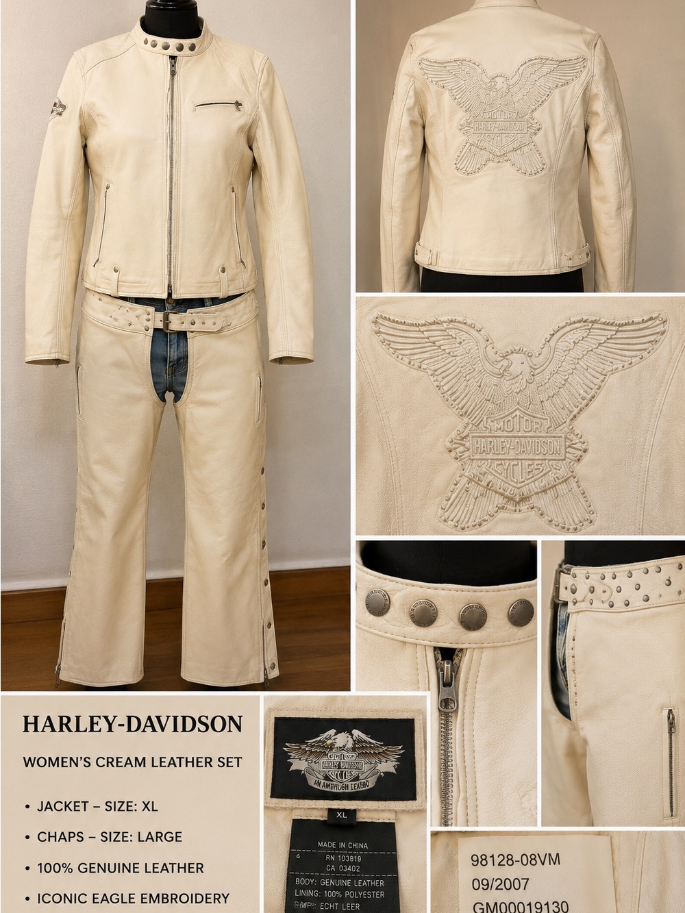RARE Harley-Davidson Cream Leather Jacket & matching Chaps w/ Embroidered Eagle